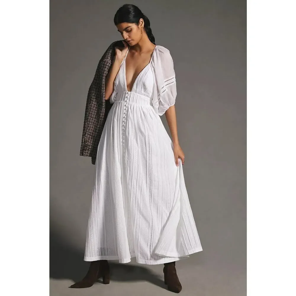 Joslin Anthropologie White Julianna Cotton Maxi Dress 4 Puff Sleeves Open Back - Picture 4 of 13